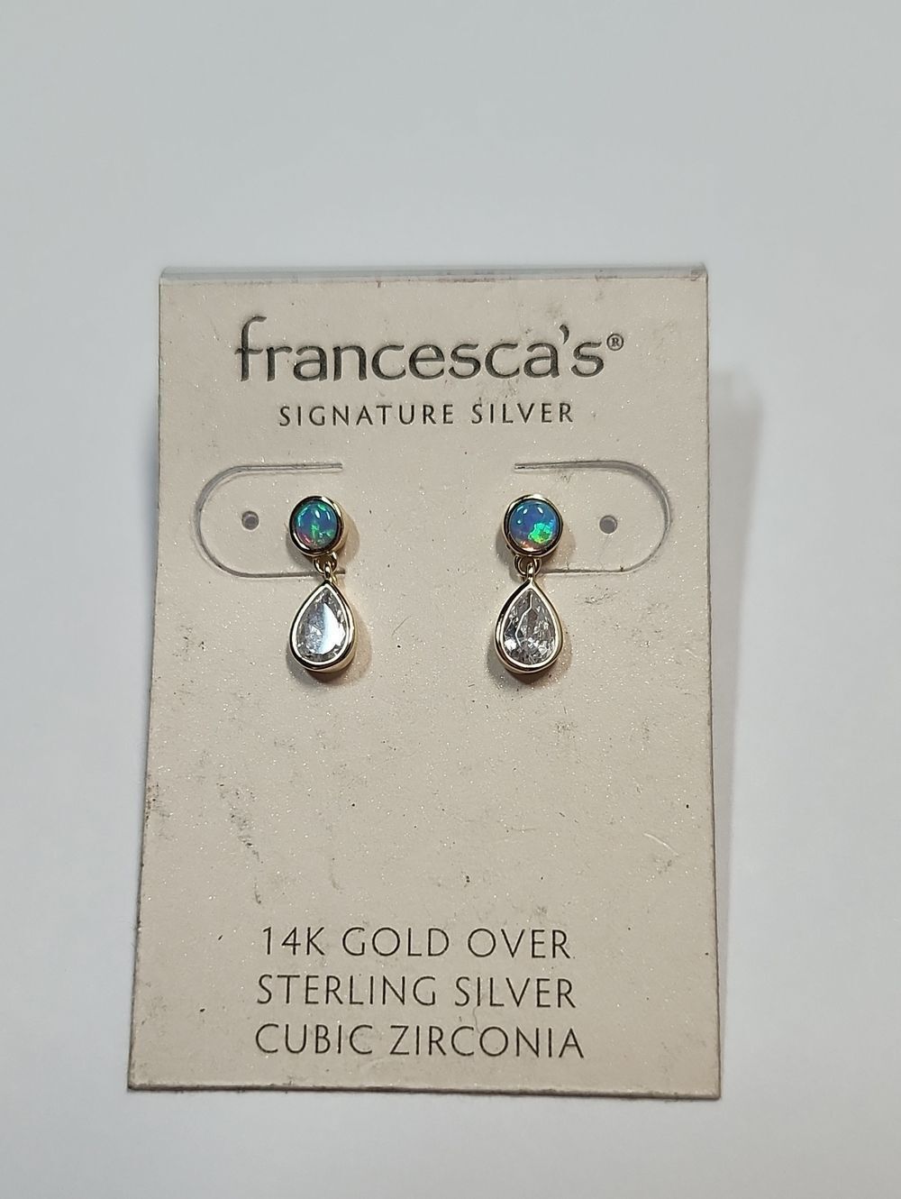 Francesca's 14K Gold Over Sterling Silver Blue Opal Drop Stud Earrings CZ